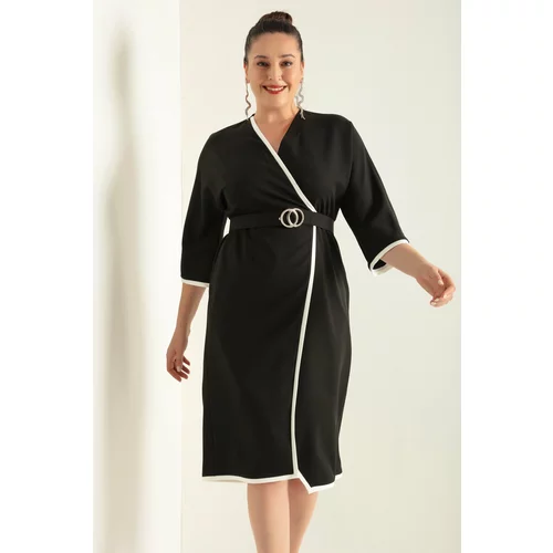 Lafaba Women's Black Double Breasted Neck Belted Plus Size Dress