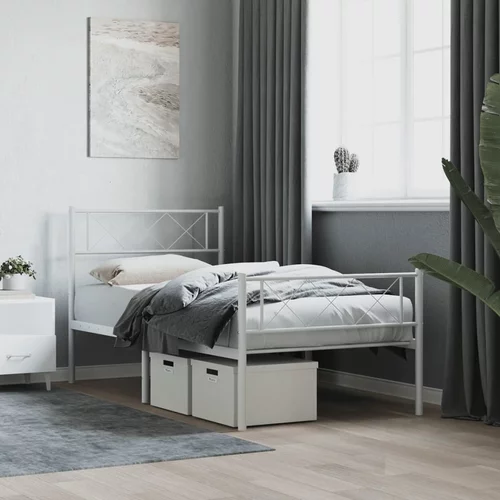 vidaXL Kovinski posteljni okvir z vzglavjem in vznožjem bel 90x200 cm