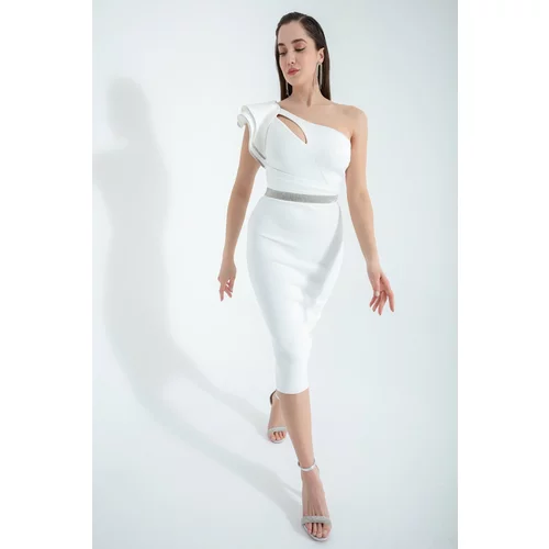 Lafaba Women's White One-Shoulder Frilly Midi Evening Dress