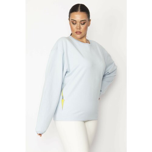 Şans Women's Plus Size Blue Cotton Fabric Crew Neck Print Detail Sweatshirt Slike