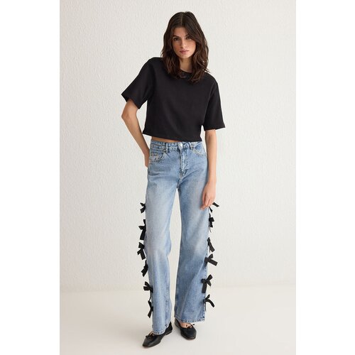 Trendyol Blue Ribbon/Bow Detailed Normal Waist Wide Leg Jeans Slike