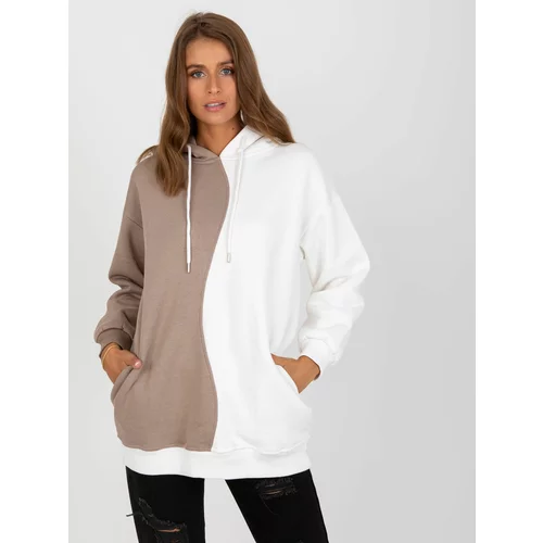 Fashion Hunters Basic beige and white sweatshirt with a RUE PARIS cotton hood
