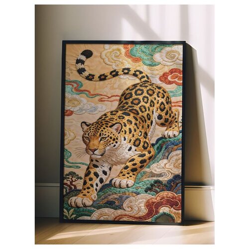 Wallxpert uramljena slika 115253, leopard u orijentalnom stilu među šarenim oblacima, 50 x 70 cm, crni ram Cene