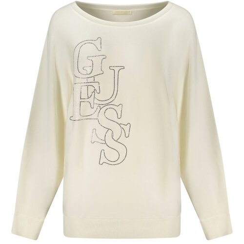 Guess Jeans ženski pulover sa &amp;scaron;irokim izrezom i cirkonima bijeli Slike