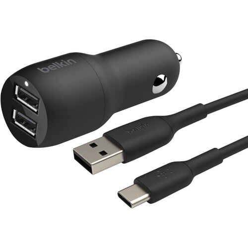 Belkin 24 W dvojni avtomobilski polnilnik USB z 1 m kabla USB-C, - crn, (20524182) Slike