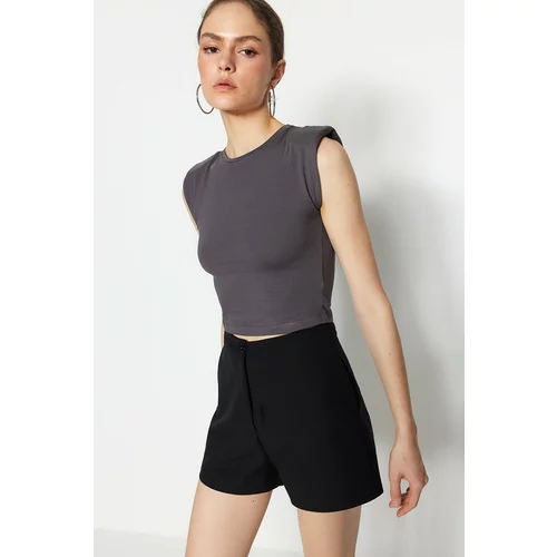Trendyol Anthracite Padded Fitted/Situated Crew Neck Crop Flexible Knitted Blouse