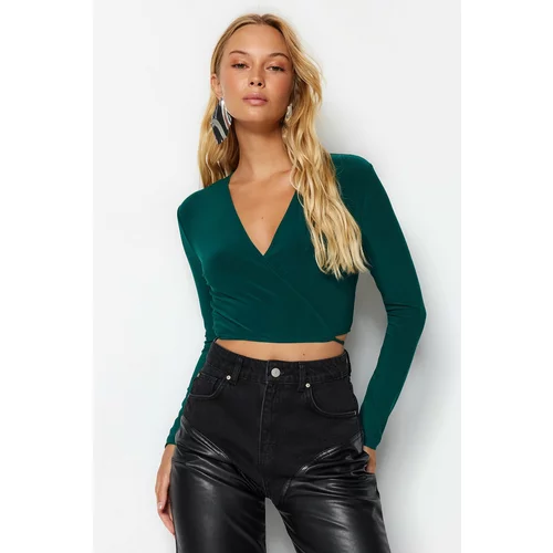 Trendyol Emerald Green Double Breasted Collar Fitted/Skinned Stretchy Blouse with Crop