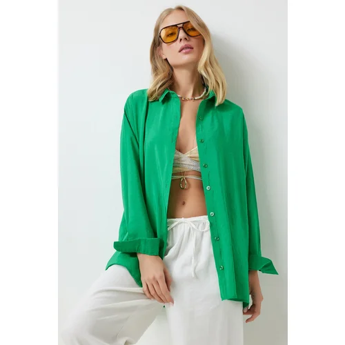  Women's Green Oversize Long Linen Ayrobin Shirt