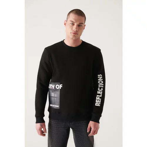 Avva Men's Black Crew Neck Hologram 3 Thread Fleece Standard Fit Regular Fit Sweatshirt