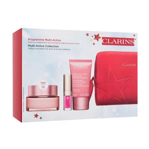 Clarins Multi-Active Collection set: dnevna krema za obraz Multi-Active Day Cream 50 ml+ nočna krema za obraz Multi-Active Nuit Cream 15 ml + glos za ustnice Lip Comfort Oil 1,4 ml 04 Pitaya + serum za obraz Double Serum 0,9 ml + kozmetična torbica za ženske Cene