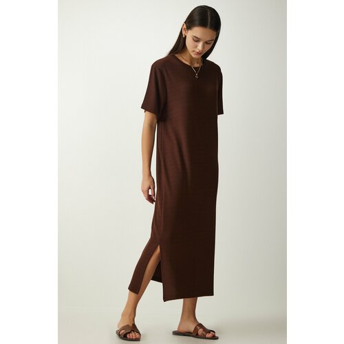 Happiness İstanbul Women's Brown Crew Neck Knitted Ribbed Dress Cene