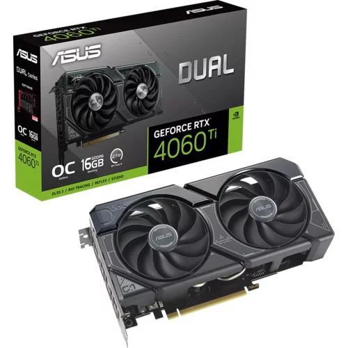 Asus Video Card NVidia Dual GeForce RTX 4060 Ti OC Edition 16GB GDDR6 VGA with two powerful Axial-tech fans and a 2.5-slot design for broad compatibility, PCIe 4.0, 1xHDMI 2.1a, 3xDisplayPort 1.4a - 90YV0JH0-M0NA00