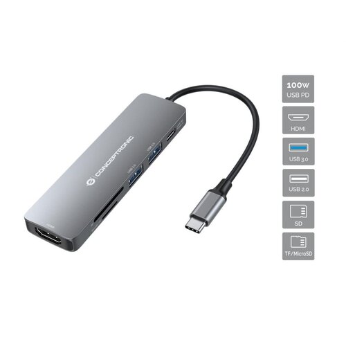  Conceptronic DO11G 6-in-1 USB 3.2 Gen 1 Docking Station, HDMI, 100W USB PD, USB 3.0, USB 2.0, SD, TF /MicroSD Slike