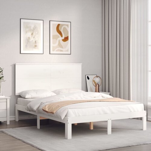 The Living Store Posteljni okvir z vzglavjem bel 140x200 cm trden les - Posteljni Okvir, (21524853) Slike