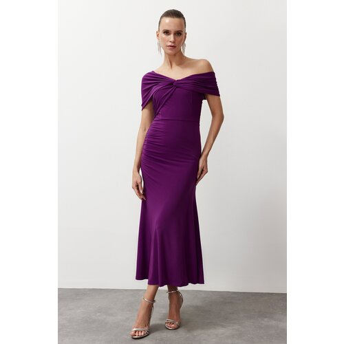 Trendyol Purple Asymmetrical Collar Knitted Stylish Evening Dress Slike