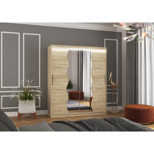 ADRK Drsna omara KANSAS z ogledalom in LED osvetlitvijo, 180 cm - SONOMA-SONOMA HRAST Cene