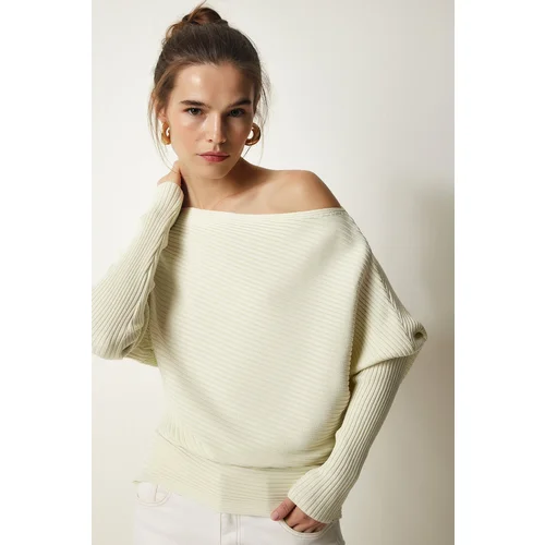  Women's Cream Asymmetrical Collar Corduroy Sweater