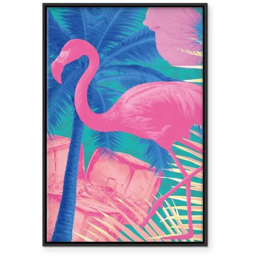  Slika - Pink Flamingo - Abstract Flamingo Against Palms and Ice Cubes 80x120 U crnom drvenom okviru Slike