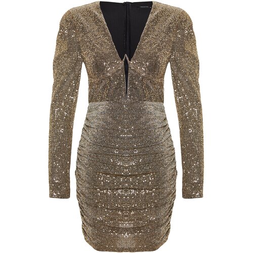 Trendyol Gold Fitted Sequin, Shimmering Sequin Evening Dress Slike