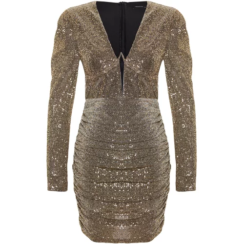 Trendyol Gold Fitted Sequin, Shimmering Sequin Evening Dress