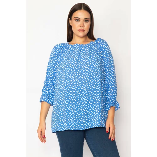Şans Women's Plus Size Blue Collar And Sleeve Elastic Detailed Woven Viscose Fabric Blouse