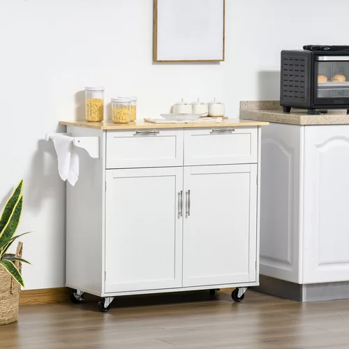HOMCOM Leseni večnamenski kuhinjski voziček, prostorsko varčna kuhinjska omarica z 2 predali, omarico in 4 kolesi, 104x46x91 cm, bela barva, (20745490)