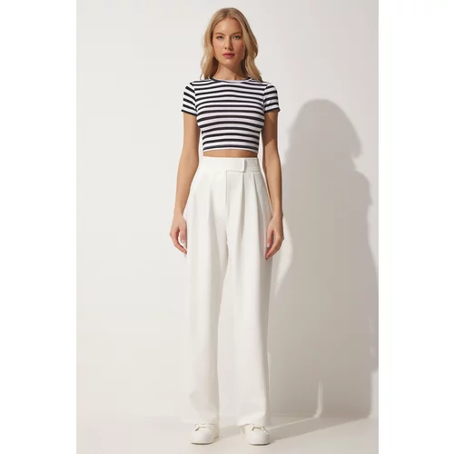 Happiness İstanbul Women's White Loose Trousers with Velcro Close Waist