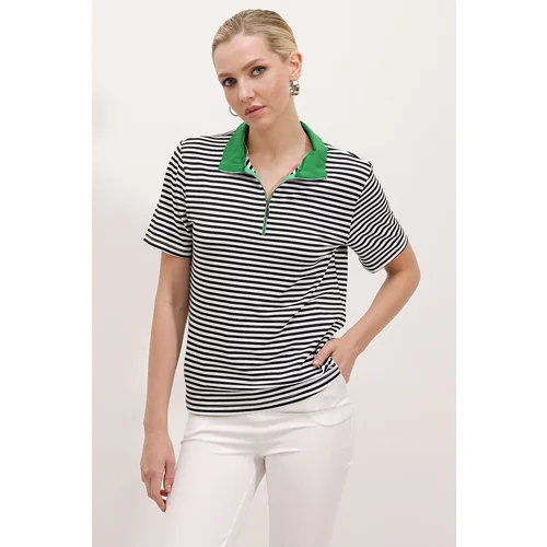 Bigdart Women's Green Polo Collar Zippered Striped T-Shirt 0497