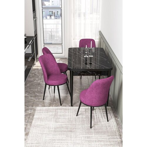 Hanah home trpezarijski set Via, sto na razvlačenje i 4 stolice, ploča u dekoru crnog mermera, ljubičasta tkanina Jerry Cene