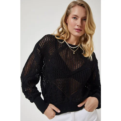  Women's Black Openwork Seasonal Knitwear Sweater