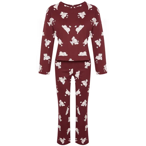 Trendyol Claret Red 100% Cotton Elephant Patterned Tshirt-Pants and Knitted Pajamas Set