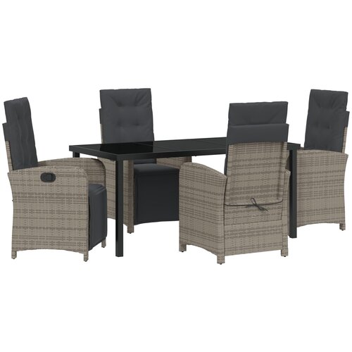 VidaXL Set za objedovanje od 5 dijelova s jastučićima - Sivi poliratan, Vrtni stol crn 160x80x73 cm od kaljenog stakla Slike
