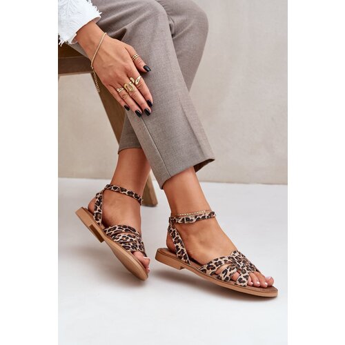 Lewski Shoes Leather Women's Sandals On Flat Heels Leopard Zazoo 3688 Brown Cene