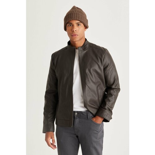 AC&Co / Altınyıldız Classics Men's Brown Standard Fit Normal Cut High Neck Faux Leather Jacket Cene