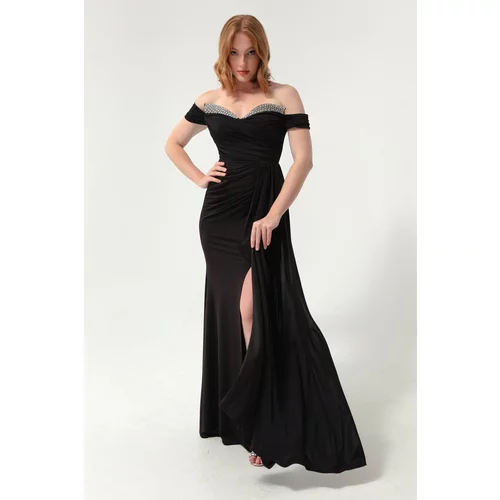 Lafaba Women's Black Long Evening Dress with Stones on the Tail