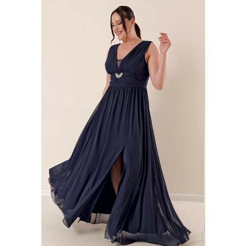 By Saygı Front Back V-Neck Stone Detailed Waist Draped Lined Plus Size Chiffon Long Dress with a Front Slit Navy Blue. Slike
