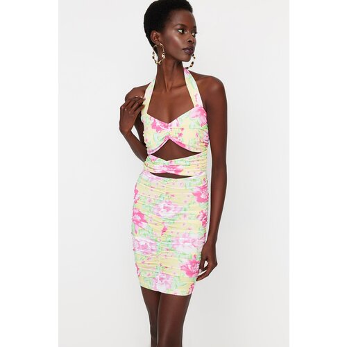 Trendyol Multicolored Knitted Evening Dress With Window/Cut Detailed Floral Pattern Cene