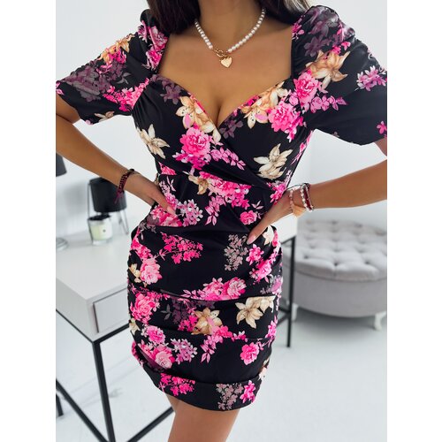 Fasardi Patterned minidress with ruffles black-pink SF8127 Slike