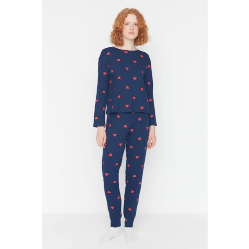 Trendyol Indigo Heart Knitted Pajamas Set