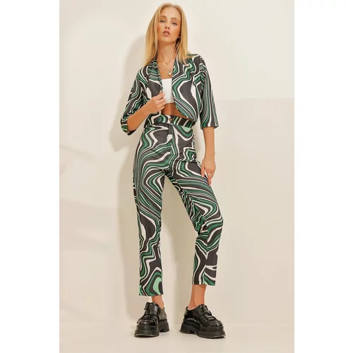 Trend Alaçatı Stili Women's Green Patterned Jacket Pants Set