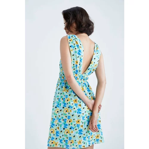 Defacto A-Line V-Neck Low-Cut Back Floral Linen Look Mini Strap DressE