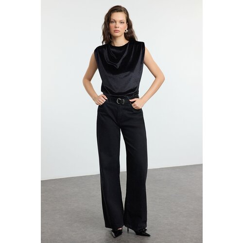 Trendyol Black Padding and Gathering/Drape Detailed Regular Knitted Blouse Slike