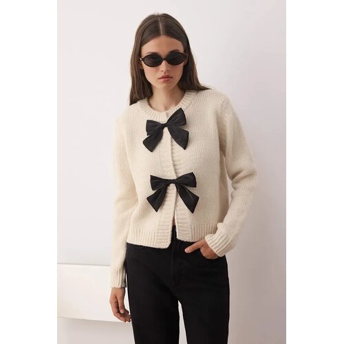 TRENDYOLMILLA ženski duks Stone Soft Textured Crew Neck Ribbon Detailed Knitwear Cardigan, bež Cene