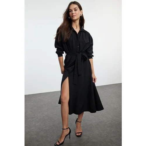 Trendyol Black Belted Striped Midi Woven Shirt Dress