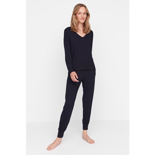 Trendyol Navy Blue V Neck Knitted Pajamas Set Cene
