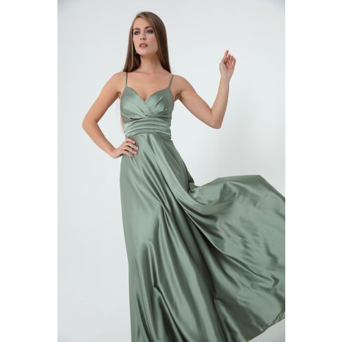 Lafaba Women's Mint, Green Long Satin Evening Dress & Prom Dress with Thread Straps and Waist Belt Cene