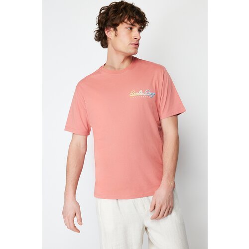 Trendyol Pale Pink Men's Relaxed/Comfortable Cut Color Transition Text Printed 100% Cotton T-shirt Slike