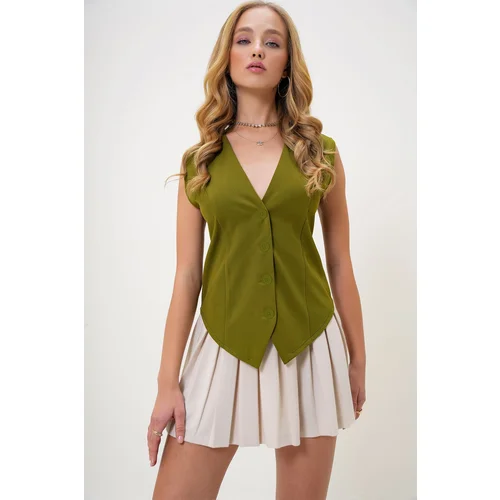 Trend Alaçatı Stili Women's Oil Green Body-fitting Adjustable Woven Vest