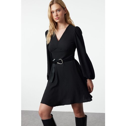 Trendyol Black A-Line Balloon Sleeve Detailed V-Neck Mini Woven Dress Slike