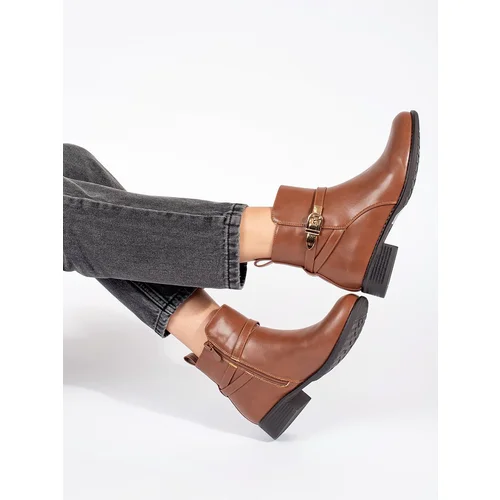 Shelvt Brown women's low-heeled ankle boots with a decorative belt